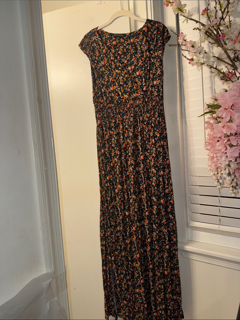 INC International Concepts Black Maxi Dress with Orange & Pink Floral Print
